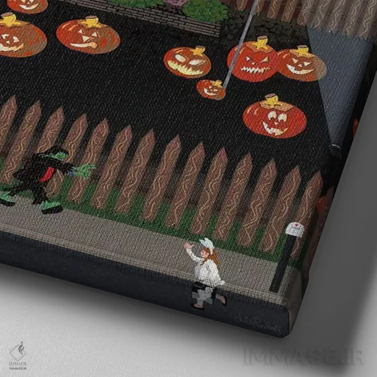 تابلو دکوراتیو کدوتنبل های هالووین مدرن آمریکایی اثر جولی پیس هوف - نمای نزدیک بافت بوم