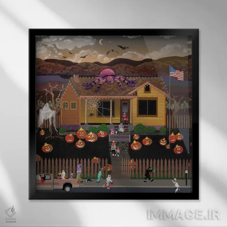 تابلو دکوراتیو کدوتنبل های هالووین مدرن آمریکایی اثر جولی پیس هوف - نمای قابدار مشکی