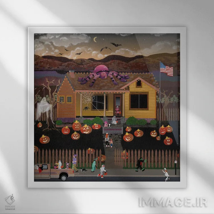 تابلو دکوراتیو کدوتنبل های هالووین مدرن آمریکایی اثر جولی پیس هوف - نمای قابدار سفید