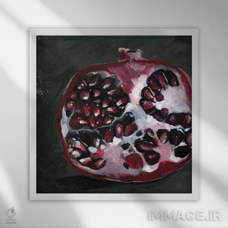 تابلو دکوراتیو مطالعه انار روی بستر سیاه یک اثر جنیفر پکستون پارکر - نمای قابدار سفید