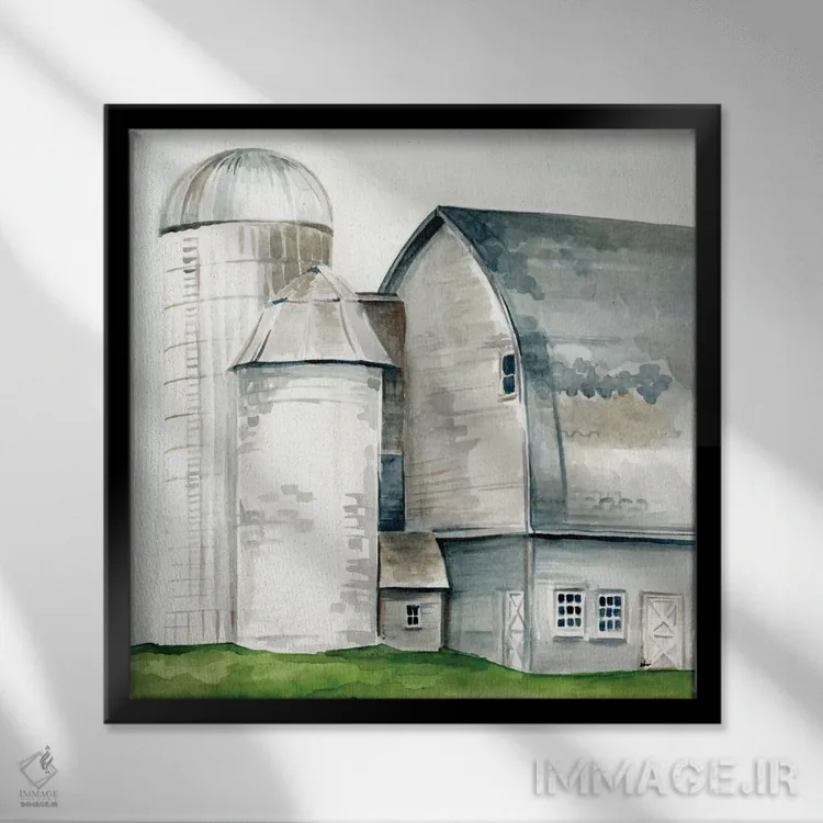 تابلو مدرن انبار کشاورزی با آبرنگ ۲ اثر جنیفر پکستون پارکر - نمای قابدار مشکی