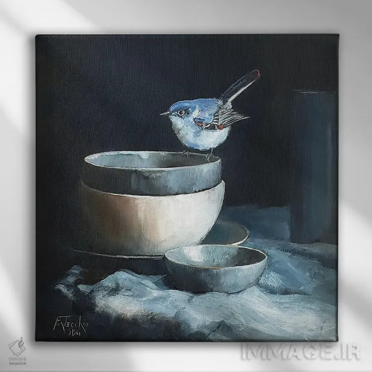 تابلو دکوراتیو پرنده پشه گیر در میان سفال ها اثر یان پرلی - نمای روبهرو روی دیوار