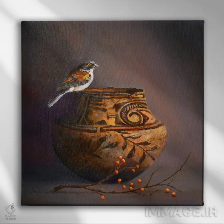 تابلو دکوراتیو Hawthorn Berries, And Yellow-Eyed Junco,کوزه زونی، دانه های زا… اثر یان پرلی - نمای روبهرو روی دیوار