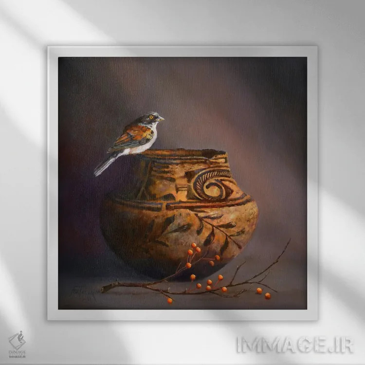 تابلو دکوراتیو Hawthorn Berries, And Yellow-Eyed Junco,کوزه زونی، دانه های زا… اثر یان پرلی - نمای قابدار سفید