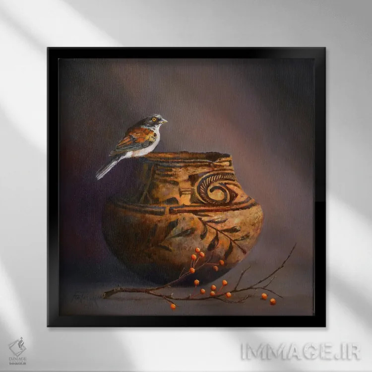 تابلو دکوراتیو Hawthorn Berries, And Yellow-Eyed Junco,کوزه زونی، دانه های زا… اثر یان پرلی - نمای قابدار مشکی