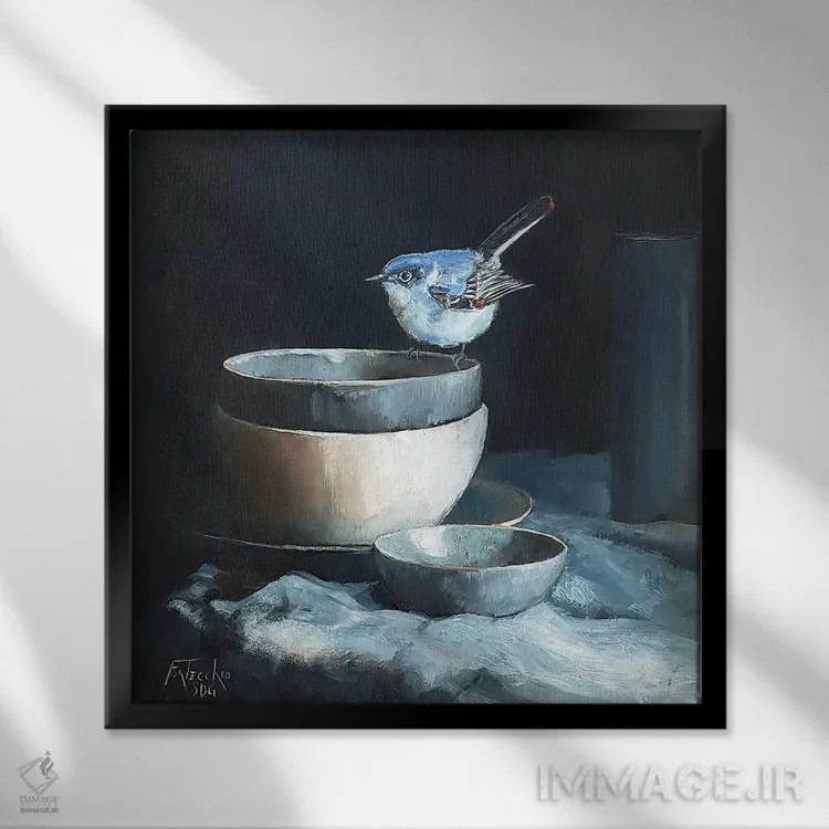 تابلو دکوراتیو پرنده پشه گیر در میان سفال ها اثر یان پرلی - نمای قابدار مشکی