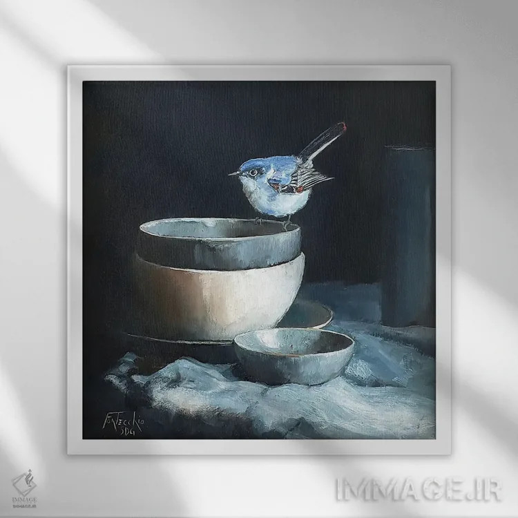 تابلو دکوراتیو پرنده پشه گیر در میان سفال ها اثر یان پرلی - نمای قابدار سفید