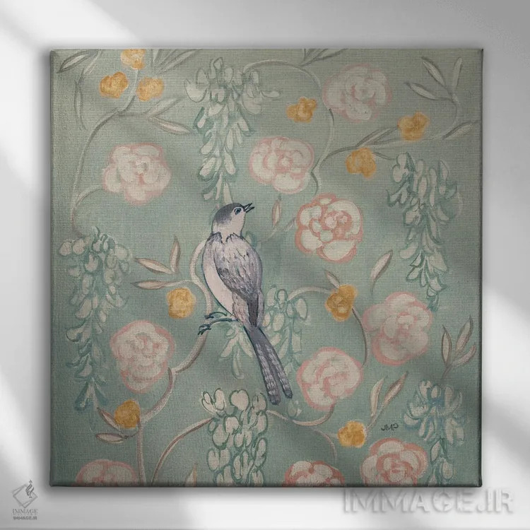 تابلو دکوراتیو پرنده با سبک چینی میراثی ۱ اثر جولیا پورینتون - نمای روبهرو روی دیوار