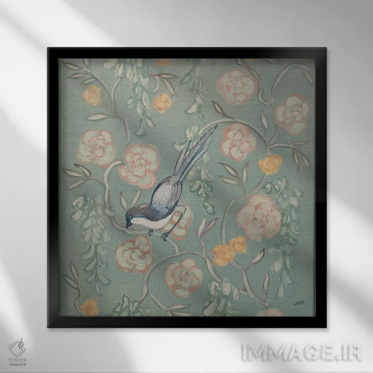 تابلو دکوراتیو پرنده با سبک چینی میراثی ۲ اثر جولیا پورینتون - نمای قابدار مشکی