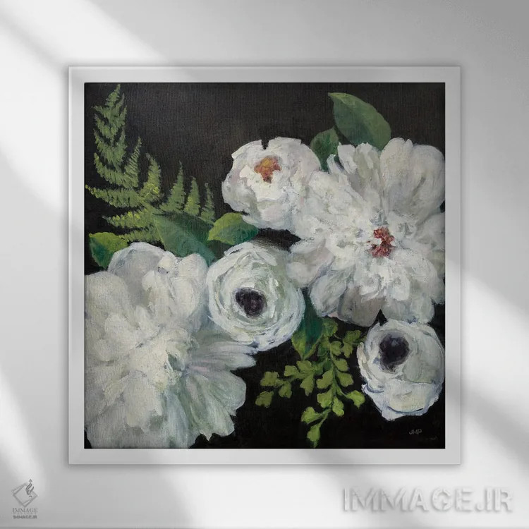تابلو دکوراتیو دسته گل نیمه شب ۱ اثر جولیا پورینتون - نمای قابدار سفید
