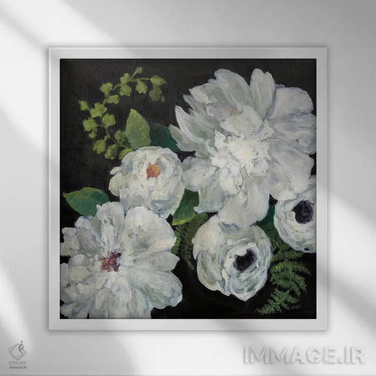 تابلو دکوراتیو دسته گل نیمه شب ۲ اثر جولیا پورینتون - نمای قابدار سفید