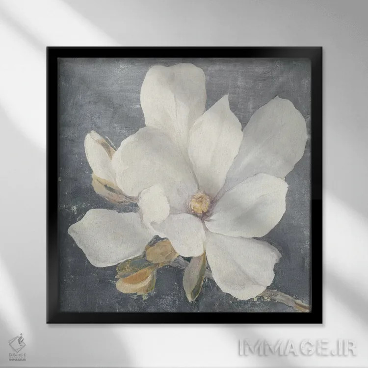 تابلو مدرن ماگنولیای آرامش بخش خاکستری اثر جولیا پورینتون - نمای قابدار مشکی