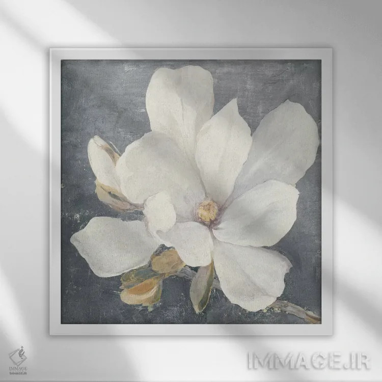تابلو مدرن ماگنولیای آرامش بخش خاکستری اثر جولیا پورینتون - نمای قابدار سفید