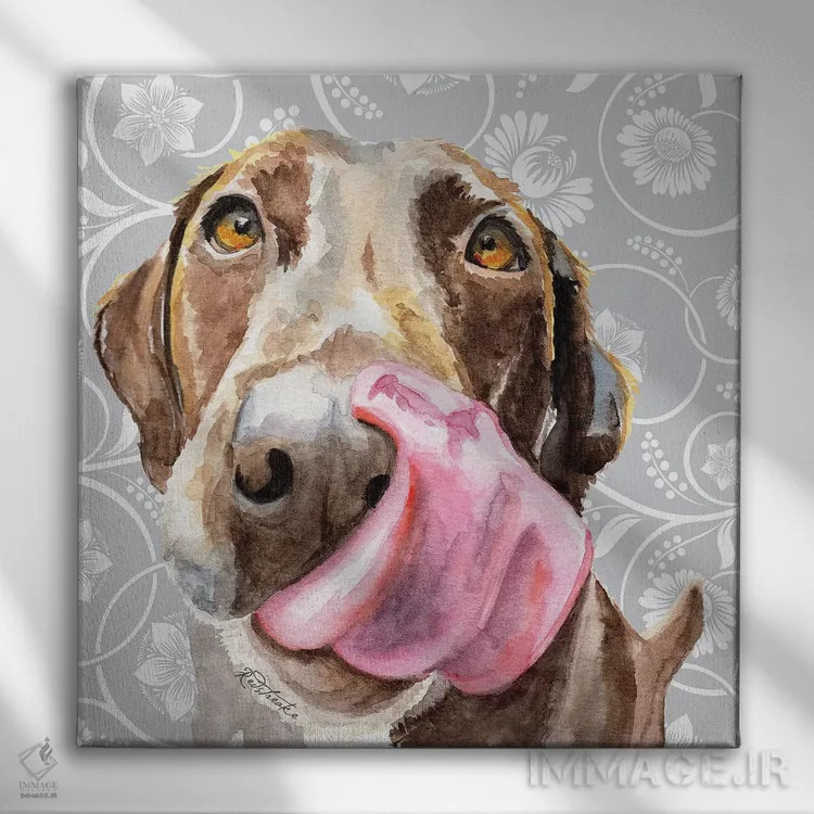 تابلو دکوراتیو لابرادور شکلاتی با زبان بیرون آمده اثر جنیفر رداستریک - نمای روبهرو روی دیوار