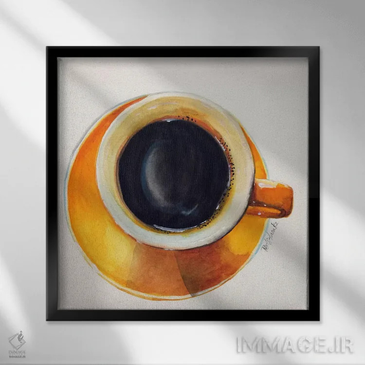 تابلو مینیمال فنجان قهوه زرد اثر جنیفر رداستریک - نمای قابدار مشکی