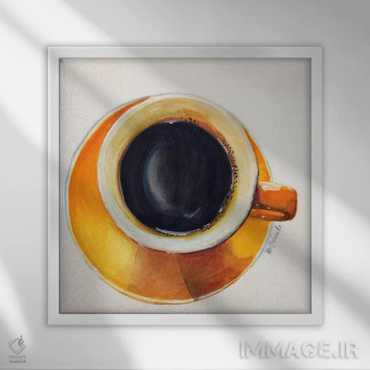 تابلو مینیمال فنجان قهوه زرد اثر جنیفر رداستریک - نمای قابدار سفید