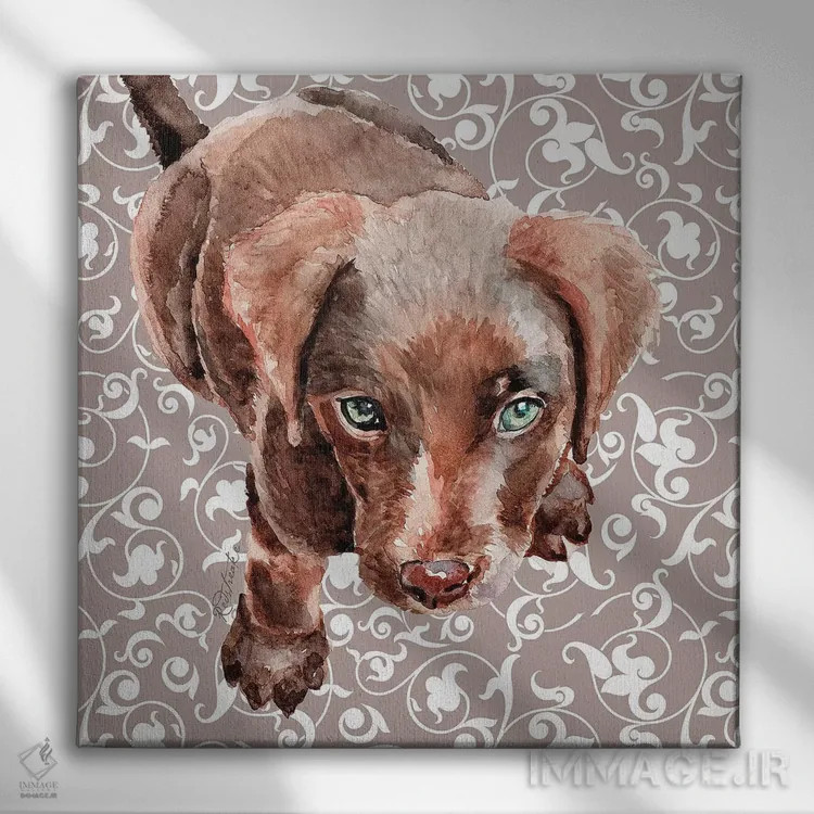 تابلو دکوراتیو توله لابرادور شکلاتی اثر جنیفر رداستریک - نمای روبهرو روی دیوار