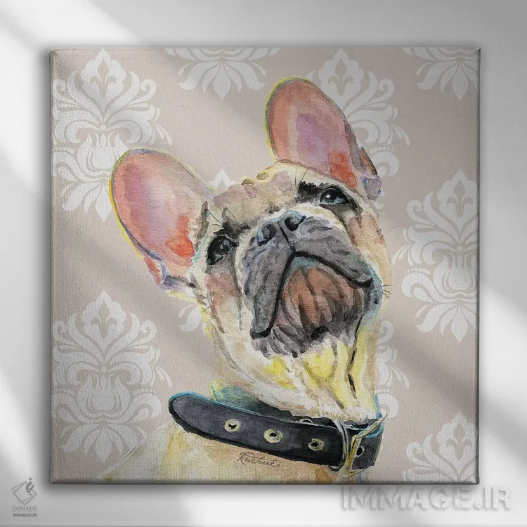 تابلو مدرن بولداگ فرانسوی اثر جنیفر رداستریک - نمای روبهرو روی دیوار