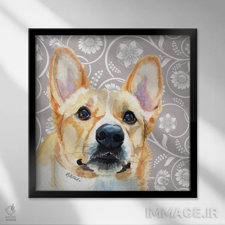 تابلو دکوراتیو کورگی اثر جنیفر رداستریک - نمای قابدار مشکی