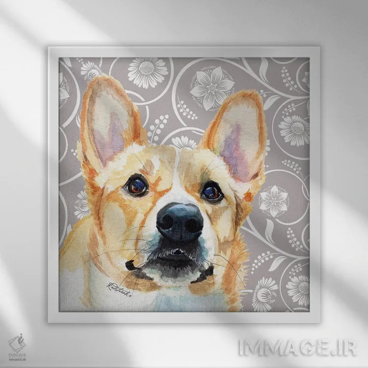 تابلو دکوراتیو کورگی اثر جنیفر رداستریک - نمای قابدار سفید