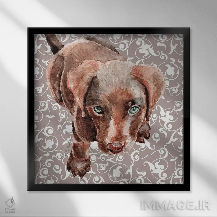 تابلو دکوراتیو توله لابرادور شکلاتی اثر جنیفر رداستریک - نمای قابدار مشکی