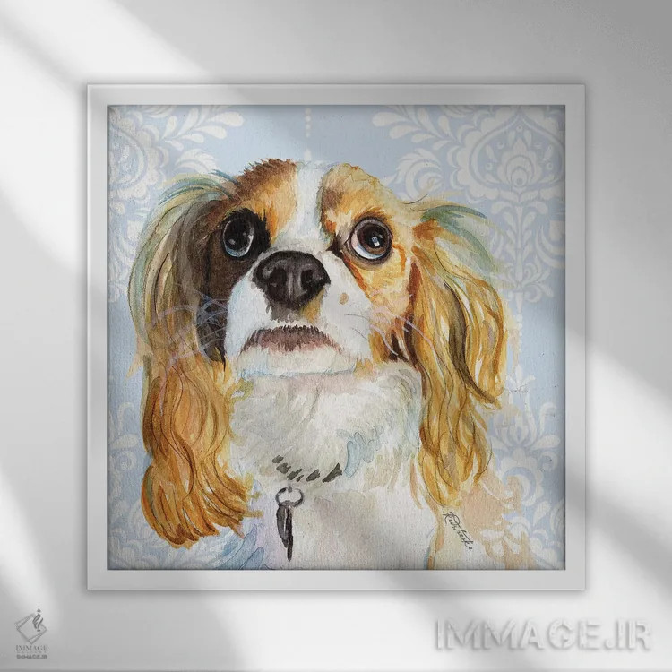 تابلو دکوراتیو کینگ چارلز اسپانیل اثر جنیفر رداستریک - نمای قابدار سفید