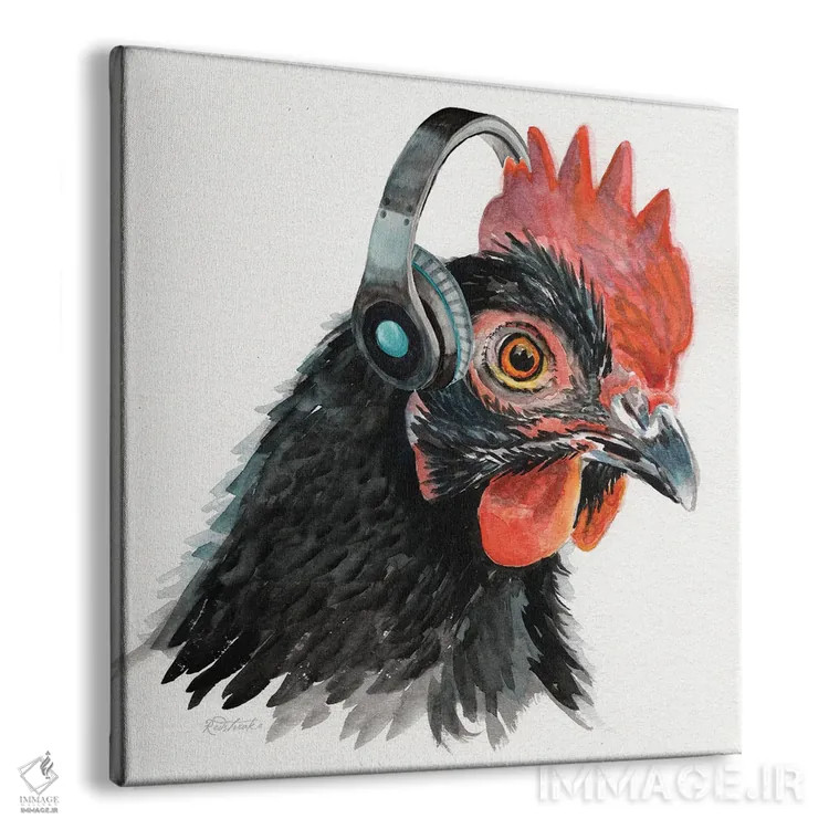 تابلو دکوراتیو خروس با هدفون اثر جنیفر رداستریک - نمای پرسپکتیو محصول