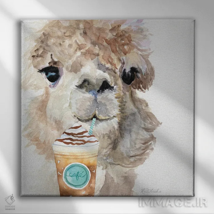 تابلو دکوراتیو آلپاکا با قهوه I اثر جنیفر رداستریک - نمای روبهرو روی دیوار