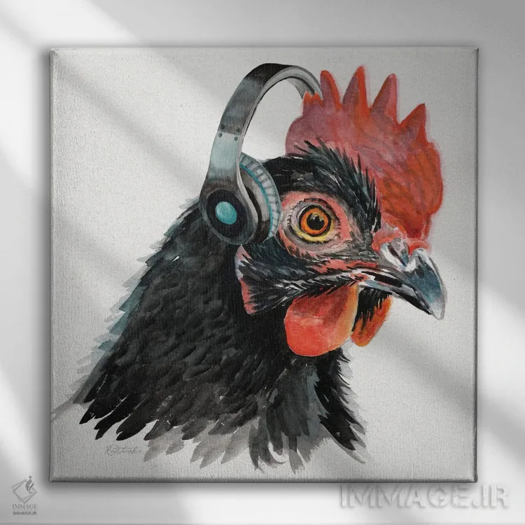 تابلو دکوراتیو خروس با هدفون اثر جنیفر رداستریک - نمای روبهرو روی دیوار