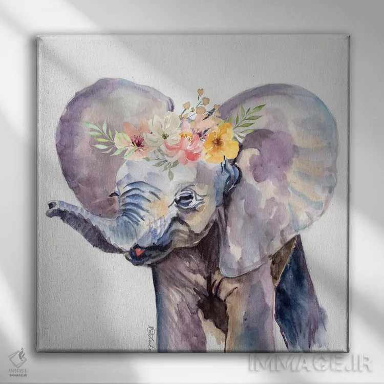 تابلو دکوراتیو فیل با گل ها اثر جنیفر رداستریک - نمای روبهرو روی دیوار