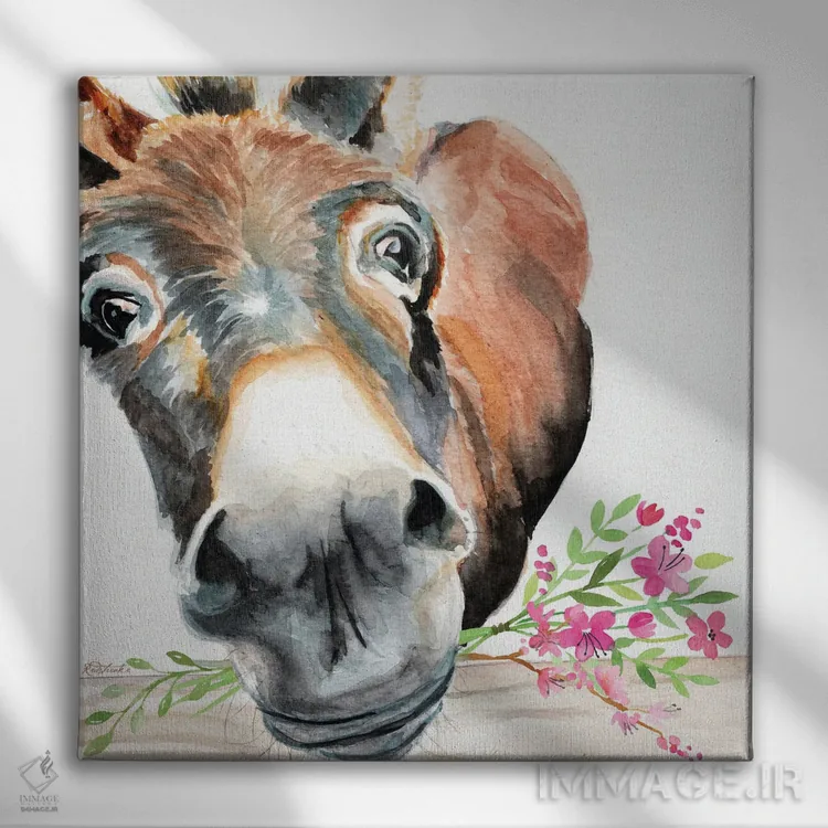 تابلو دکوراتیو الاغ با گل ها اثر جنیفر رداستریک - نمای روبهرو روی دیوار
