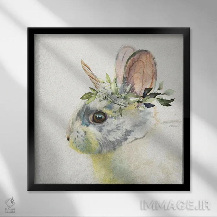 تابلو دکوراتیو خرگوش افسانه ای جنگلی اثر جنیفر رداستریک - نمای قابدار مشکی