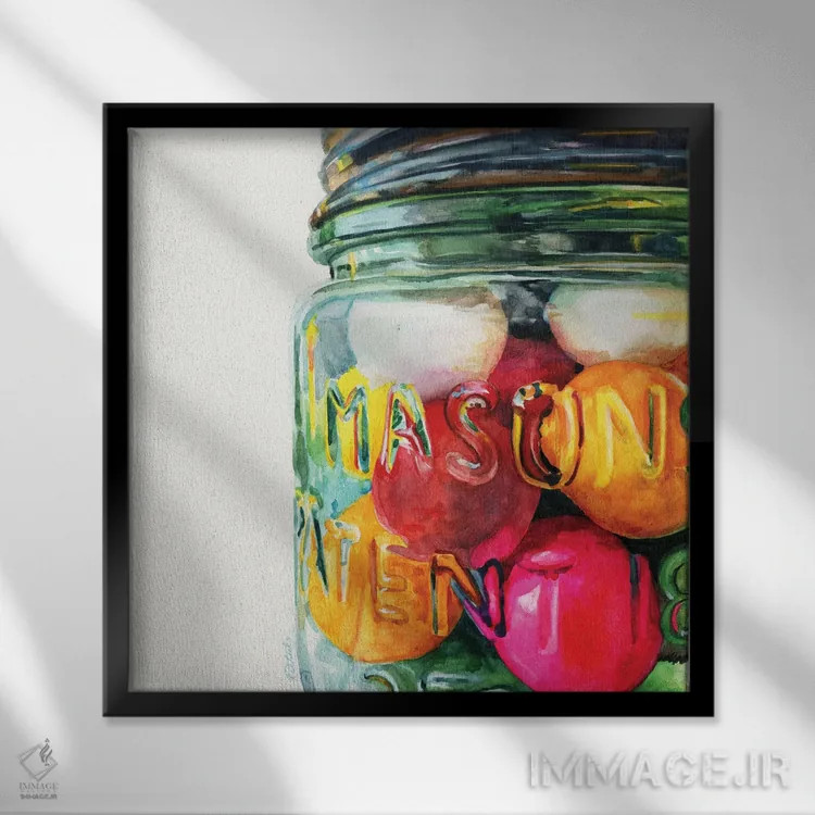 تابلو دکوراتیو شیشه پر از آدامس رنگی اثر جنیفر رداستریک - نمای قابدار مشکی