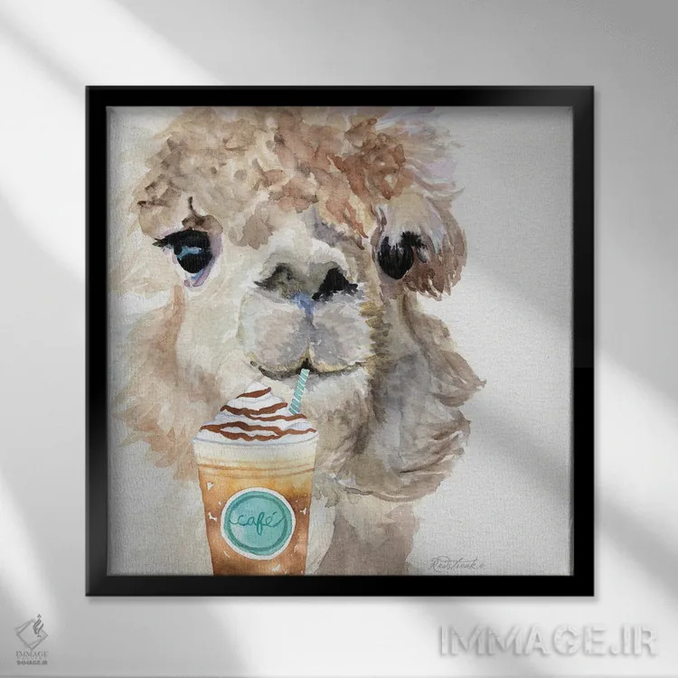 تابلو دکوراتیو آلپاکا با قهوه I اثر جنیفر رداستریک - نمای قابدار مشکی