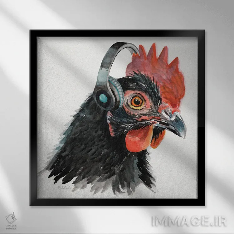 تابلو دکوراتیو خروس با هدفون اثر جنیفر رداستریک - نمای قابدار مشکی