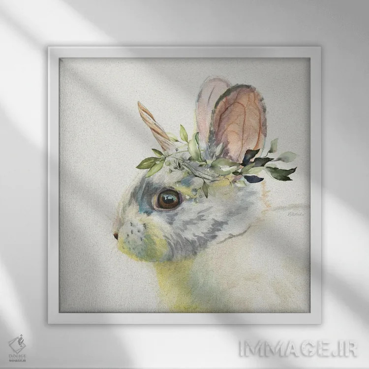 تابلو دکوراتیو خرگوش افسانه ای جنگلی اثر جنیفر رداستریک - نمای قابدار سفید