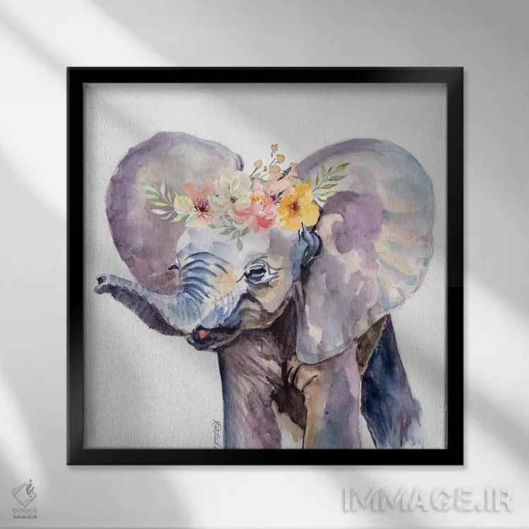 تابلو دکوراتیو فیل با گل ها اثر جنیفر رداستریک - نمای قابدار مشکی