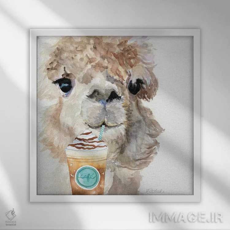 تابلو دکوراتیو آلپاکا با قهوه I اثر جنیفر رداستریک - نمای قابدار سفید