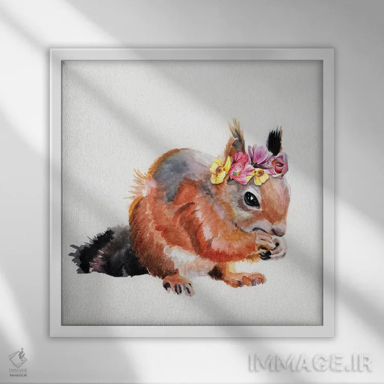 تابلو دکوراتیو سنجاب قرمز با گل ها اثر جنیفر رداستریک - نمای قابدار سفید