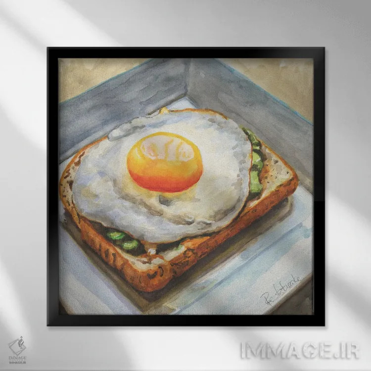 تابلو دکوراتیو تخم مرغ روی نان تست اثر جنیفر رداستریک - نمای قابدار مشکی