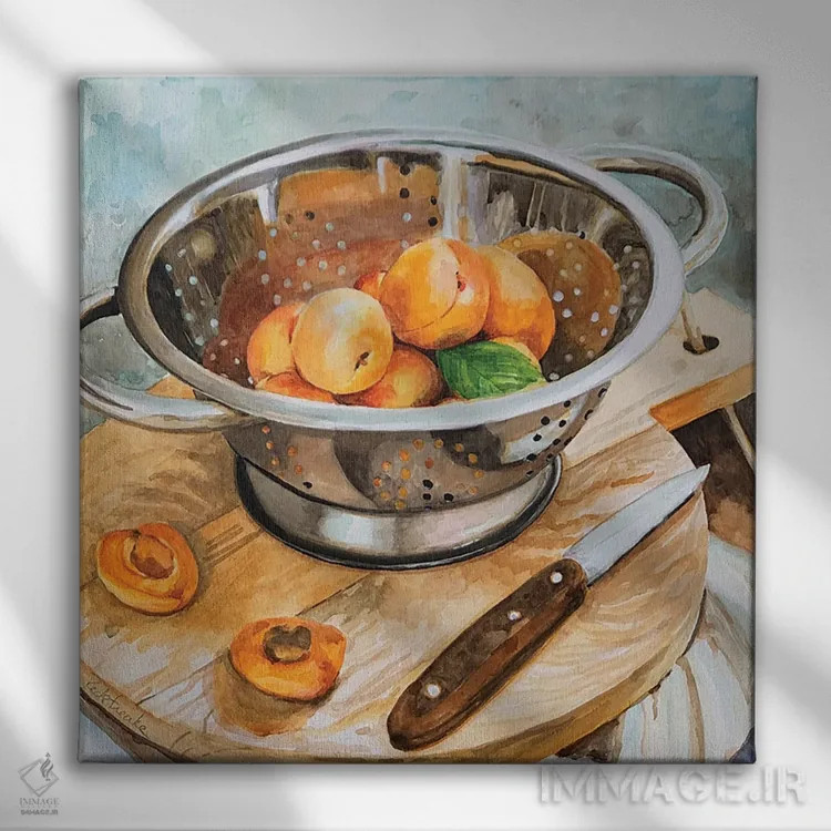 تابلو دکوراتیو زردآلو در آبکش اثر جنیفر رداستریک - نمای روبهرو روی دیوار