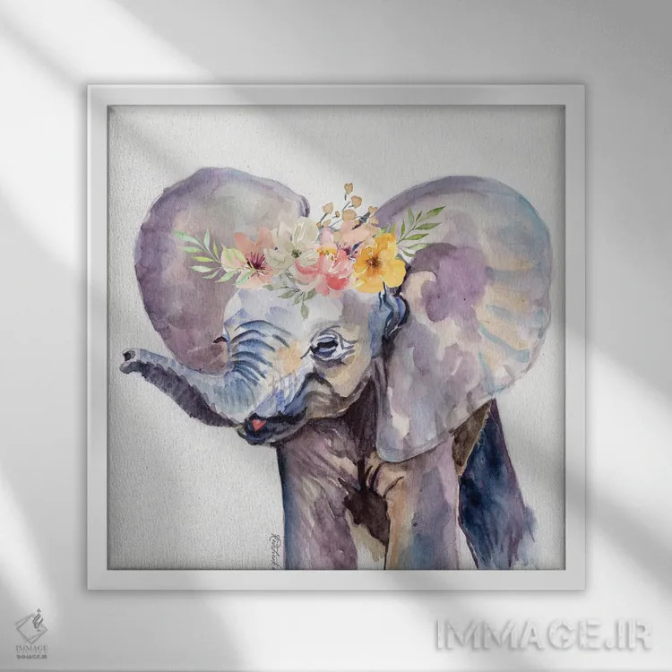 تابلو دکوراتیو فیل با گل ها اثر جنیفر رداستریک - نمای قابدار سفید
