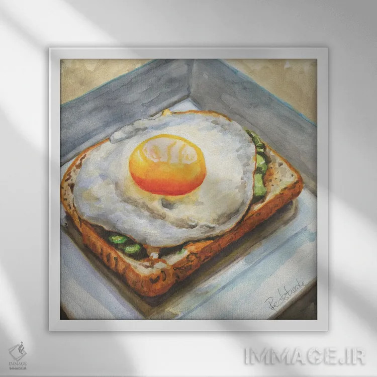 تابلو دکوراتیو تخم مرغ روی نان تست اثر جنیفر رداستریک - نمای قابدار سفید