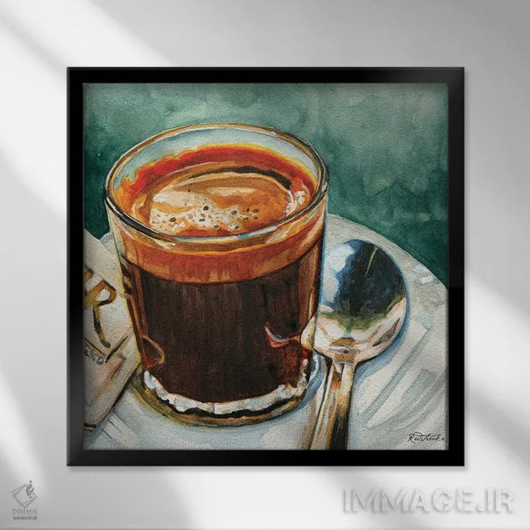 تابلو دکوراتیو اسپرسو با قاشق اثر جنیفر رداستریک - نمای قابدار مشکی