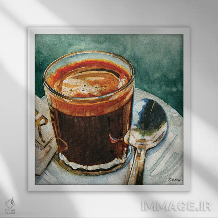 تابلو دکوراتیو اسپرسو با قاشق اثر جنیفر رداستریک - نمای قابدار سفید