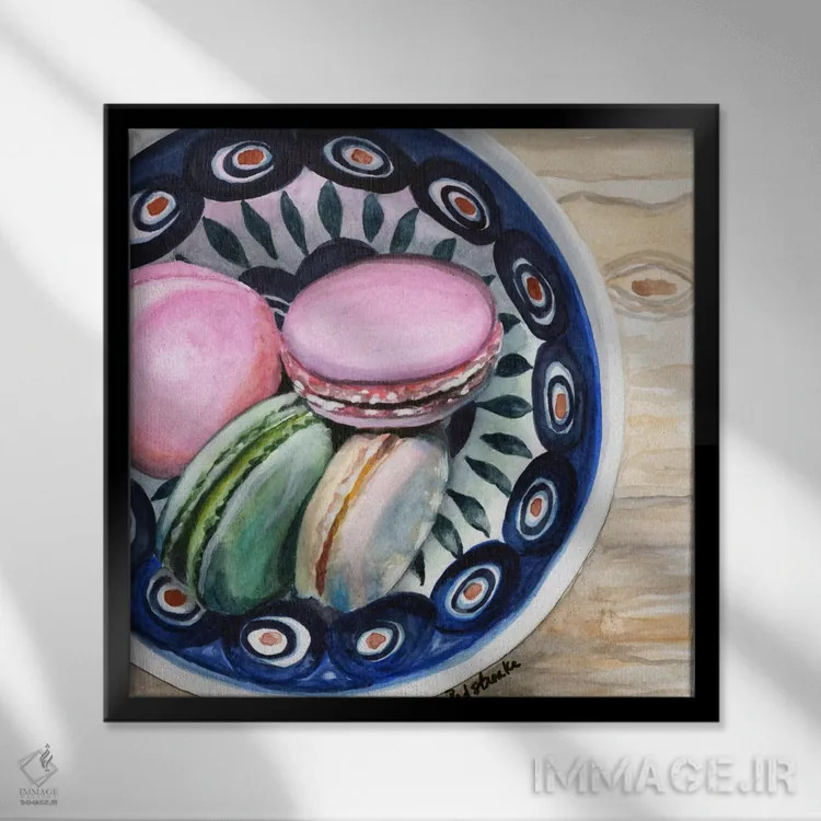 تابلو دکوراتیو ماکارون ها در یک کاسه اثر جنیفر رداستریک - نمای قابدار مشکی