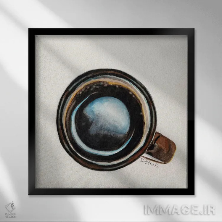 تابلو مینیمال فنجان قهوه قهوه ای اثر جنیفر رداستریک - نمای قابدار مشکی