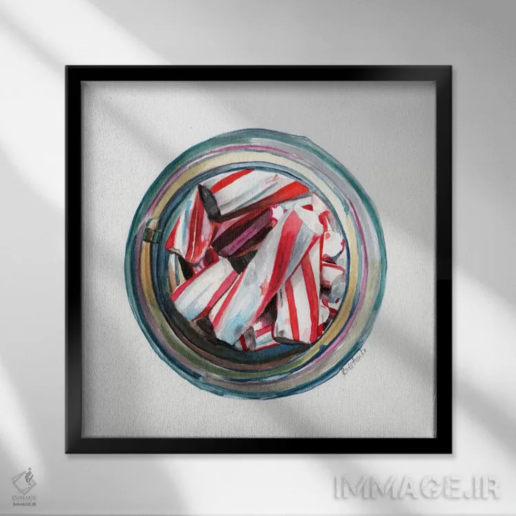 تابلو دکوراتیو آبنبات چوبی داخل شیشه ی Ball اثر جنیفر رداستریک - نمای قابدار مشکی