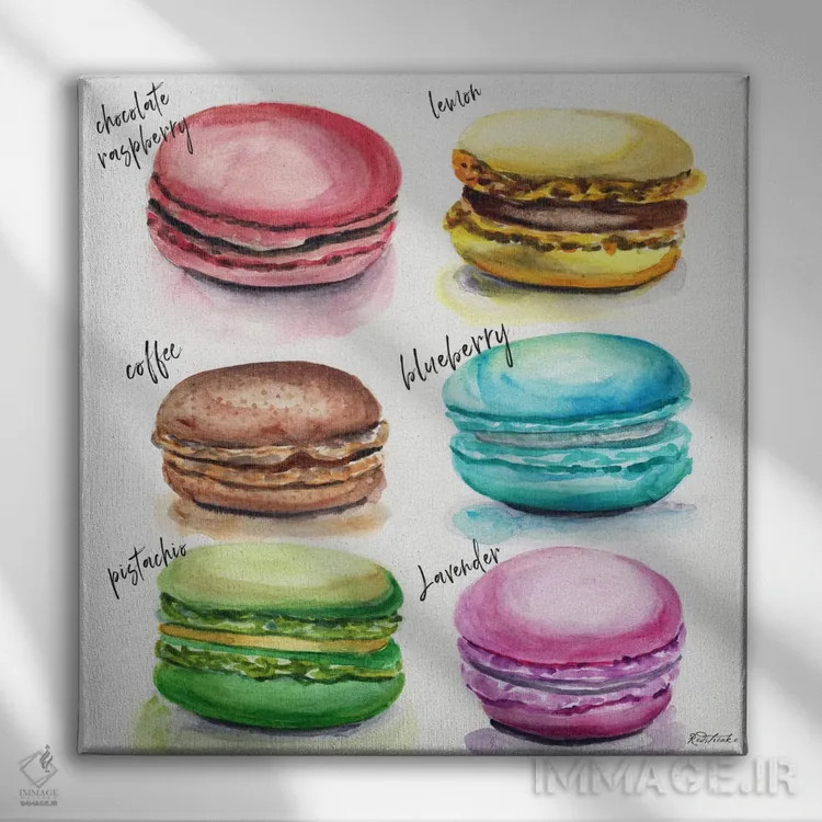 تابلو دکوراتیو شش طعم ماکارون اثر جنیفر رداستریک - نمای روبهرو روی دیوار