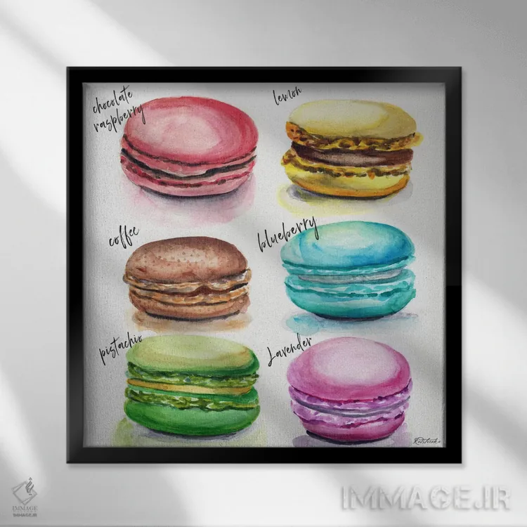 تابلو دکوراتیو شش طعم ماکارون اثر جنیفر رداستریک - نمای قابدار مشکی